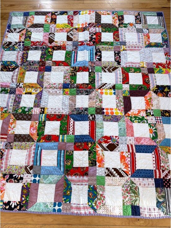 Other - VTG 1970s Quilt Hand Stitched Squares Awesome Retro Fabrics Colorful 56x77”